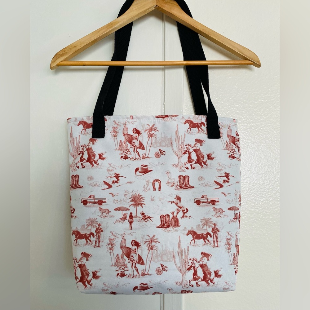 Coastal Cowgirl Toile de Jouy Reusable Grocery Tote Bag